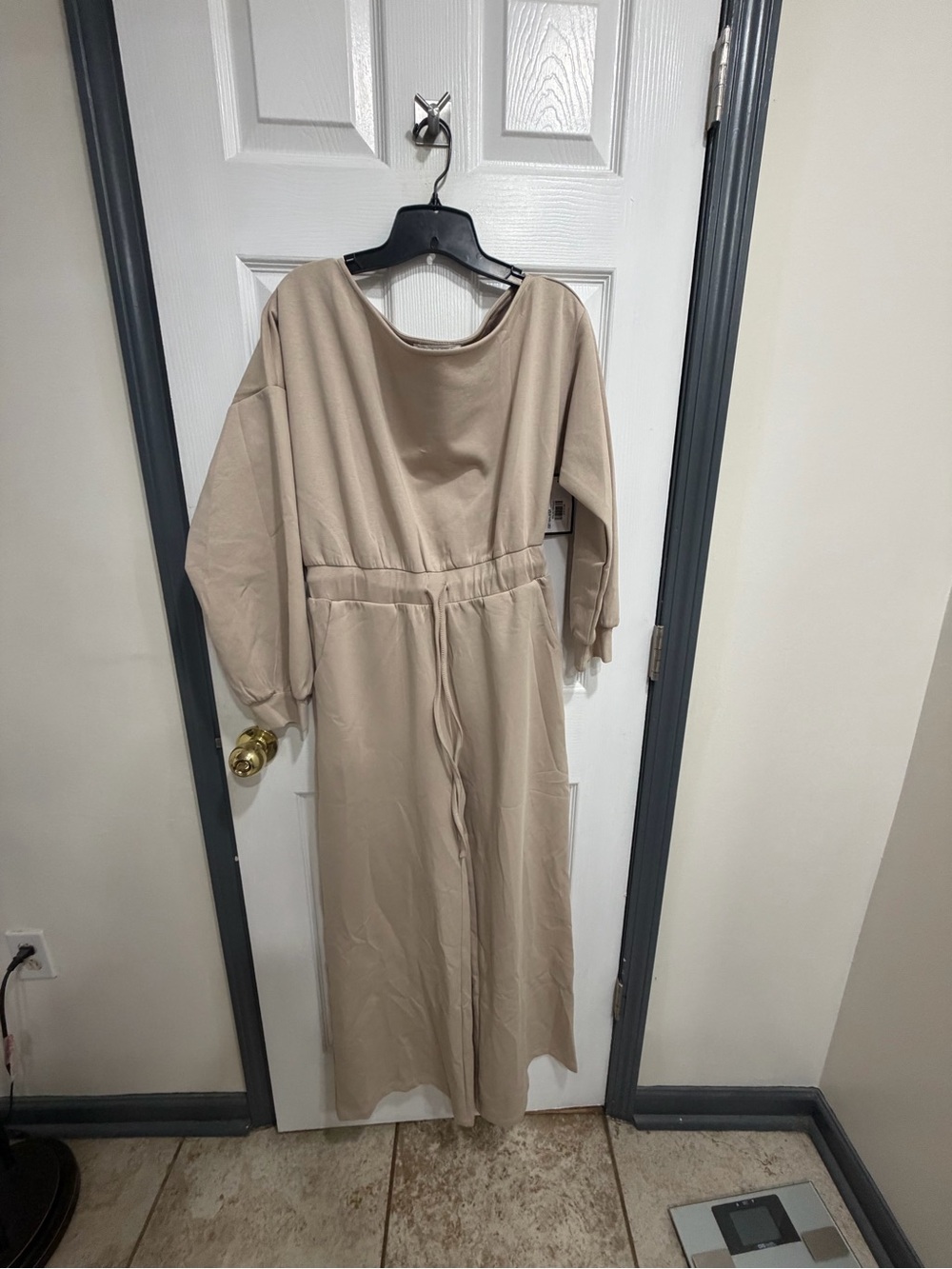 Bucket List Beige Long Sleeve Waist-Drawstring Women’s jumpsuit